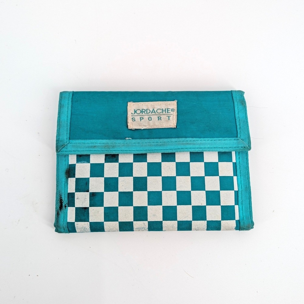 Jordache Sport Trifold Wallet Teal White Checkered Nylon Hook Loop Vintage